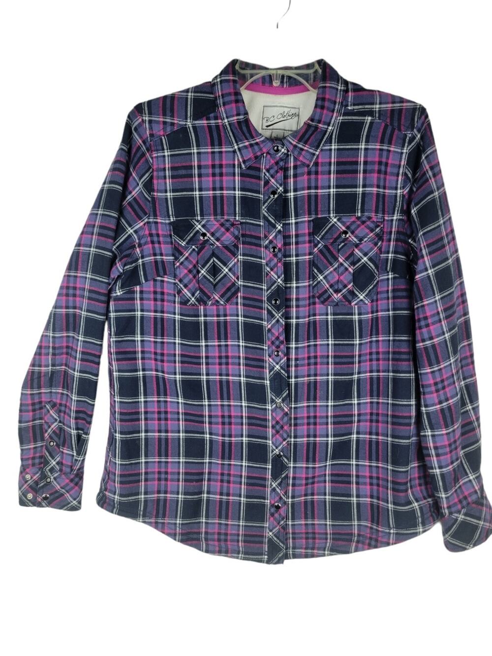 Purple Jacket BC Clothing Flannel Plaid Womens Pearl Snap Large Long Sleeve